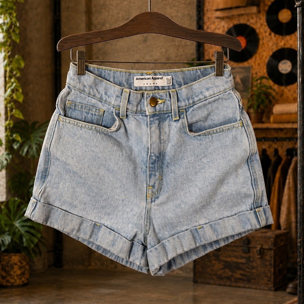 American Apparel Light Wash Denim High Waisted Cuffed Jean Shorts